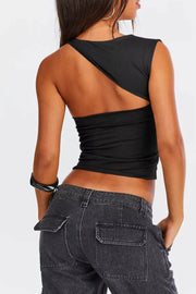 Black asymmetrical one-shoulder cropped tank top with cutout detail.