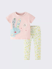 Pink cotton toddler set with floral bunny applique on shirt and floral print leggings.