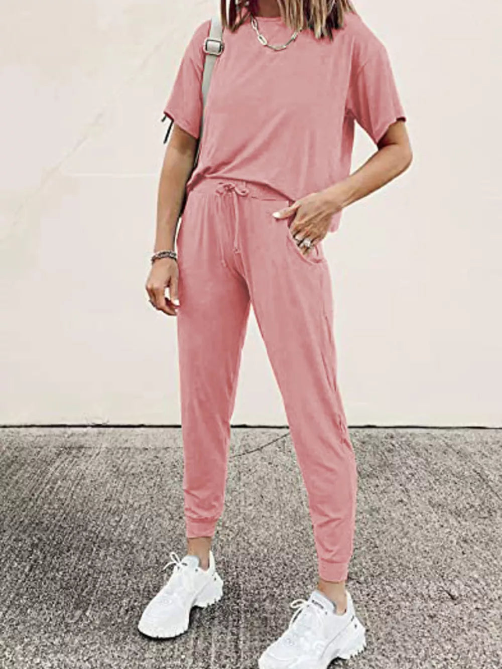 Pink cotton round neck top and jogger pants set with drawstring waist