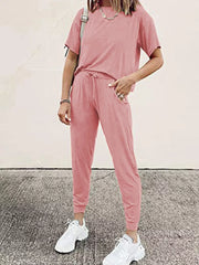 Pink cotton round neck top and jogger pants set with drawstring waist