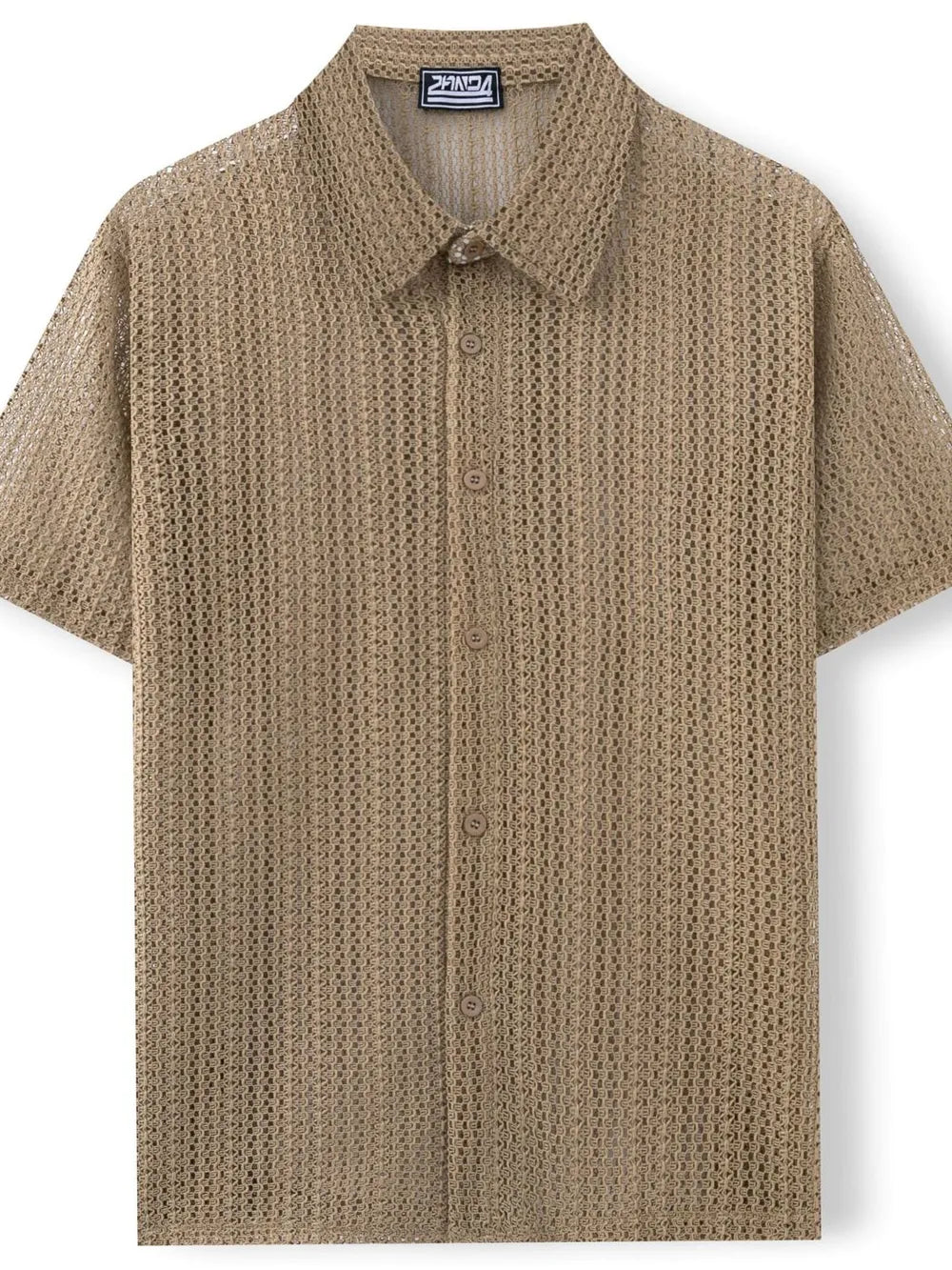 Taupe open-knit short-sleeve resort shirt with button front and collar.