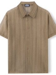Taupe open-knit short-sleeve resort shirt with button front and collar.