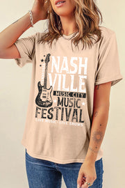 Tan graphic t-shirt with Nashville Music Festival print and guitar detail.