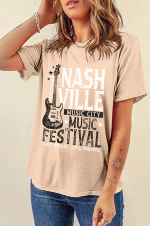 Tan graphic t-shirt with Nashville Music Festival print and guitar detail.