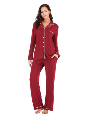 Piped trimmed pajama set in wine with button-down top and pockets.