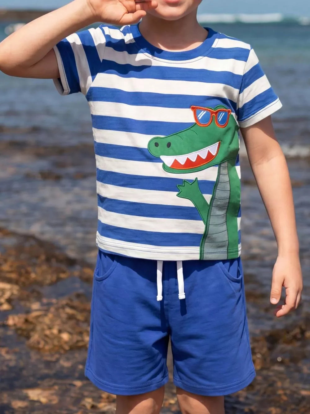 Children's Striped Crocodile T-shirt And Shorts Set, front view