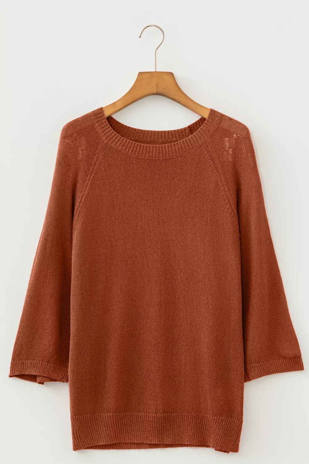 Ribbed Knit Round Neck Short Sleeve Sweater in Brown, back view