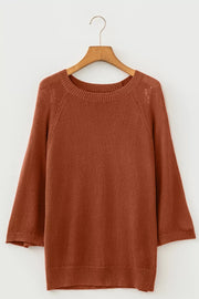 Ribbed Knit Round Neck Short Sleeve Sweater in Brown, back view