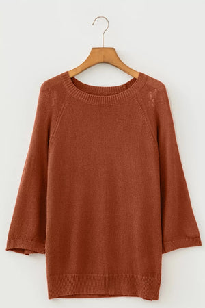 Ribbed Knit Round Neck Short Sleeve Sweater in Brown, back view