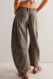 Sculpted denim barrel leg jeans in taupe with button closure and five-pocket styling.