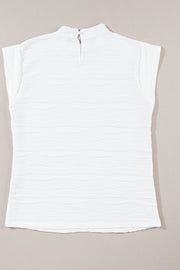 White textured wave cap-sleeve mock neck top with keyhole back closure