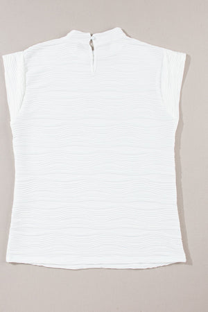 White textured wave cap-sleeve mock neck top with keyhole back closure