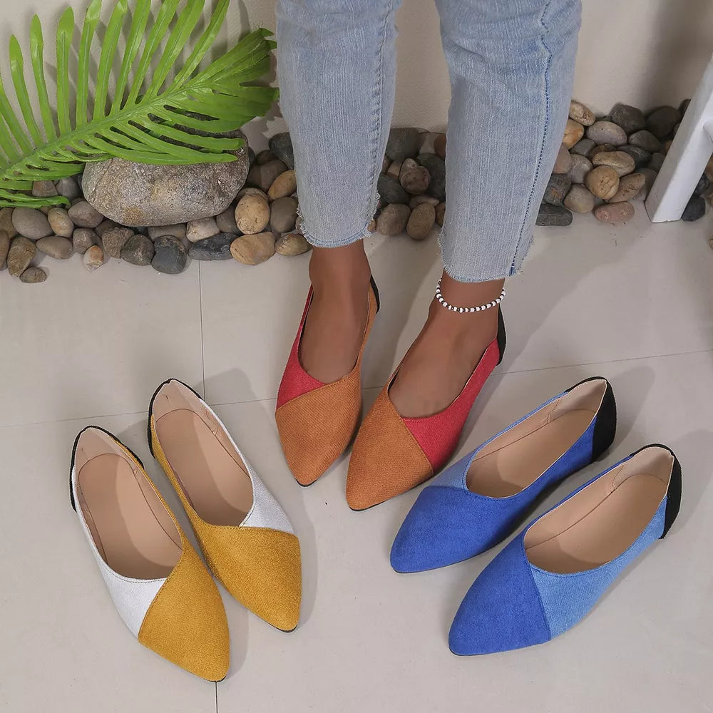 Chic pointed-toe slip-on flats in color block yellow, tan, and blue.