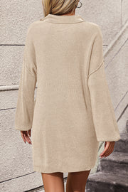 Beige ribbed knit polo dress with pockets and long sleeves.