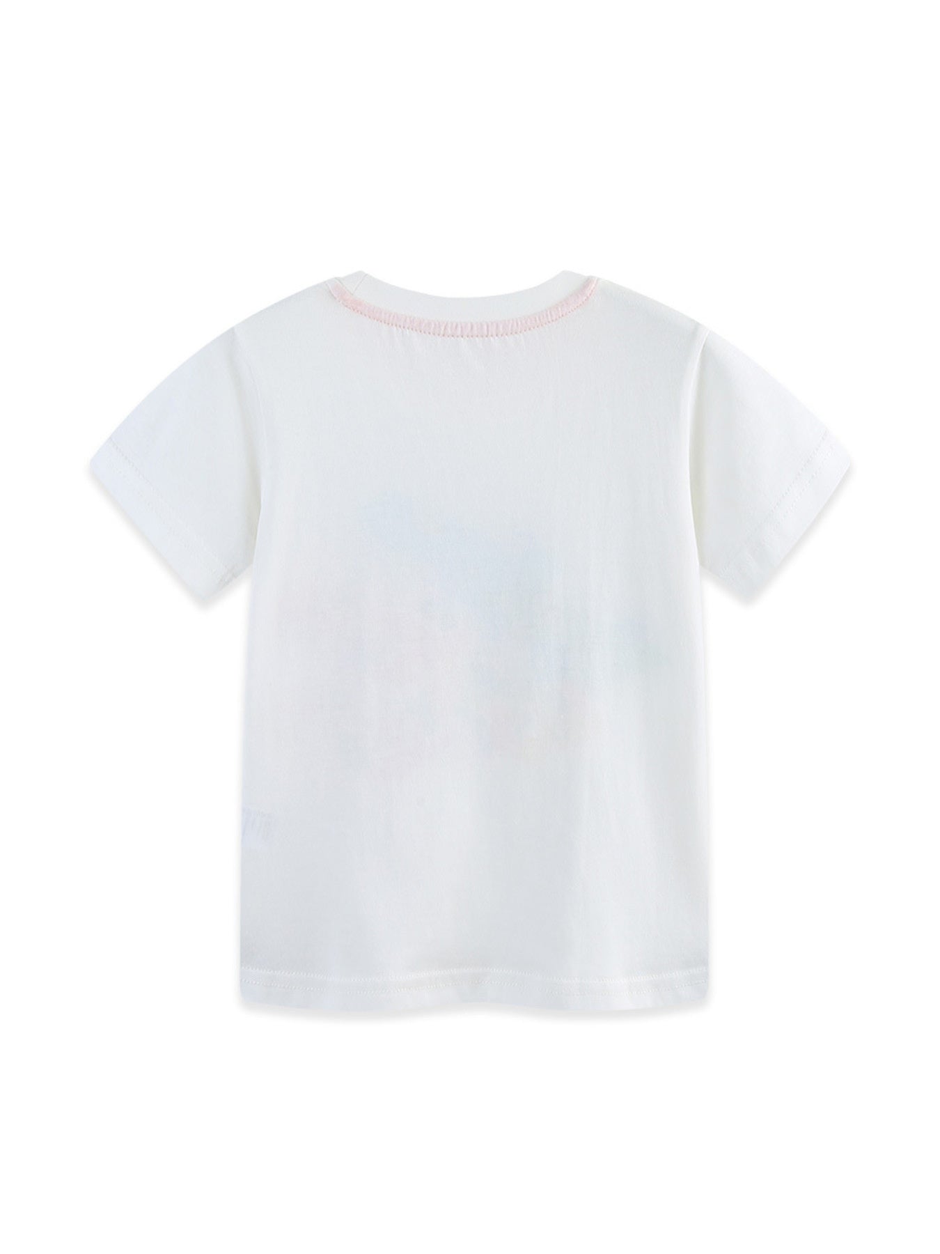White 100% cotton toddler t-shirt with pink stitched neckline and subtle graphic detail.