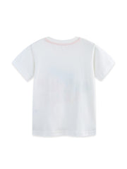 White 100% cotton toddler t-shirt with pink stitched neckline and subtle graphic detail.