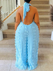 Textured Halter Wide-leg Jumpsuit in Blue, side view