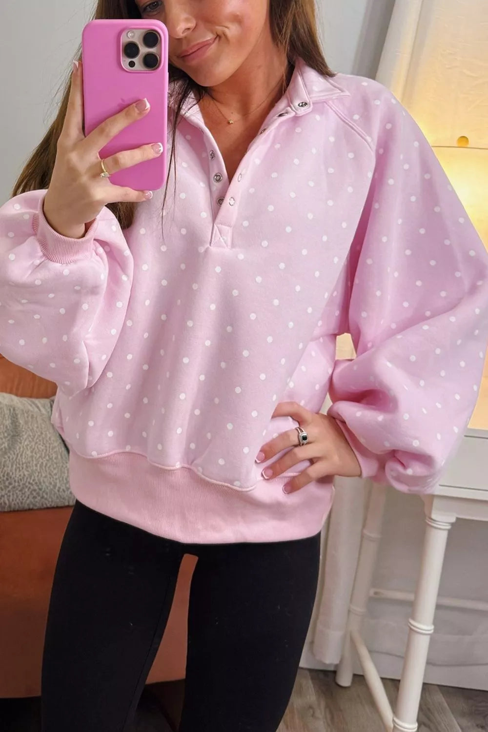 Polka Dot Metal Button Collar Sweatshirt in Blush Pink, front view