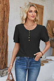 Black perforated puff sleeve henley blouse with button detail