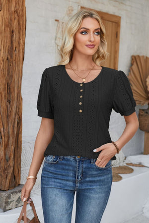 Black perforated puff sleeve henley blouse with button detail