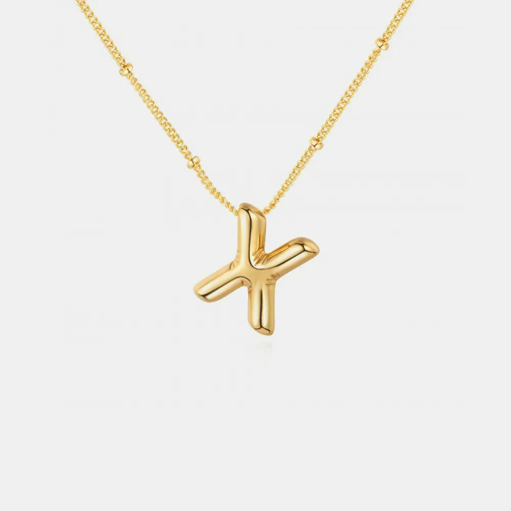 Gold bubbly initial pendant necklace with beaded chain