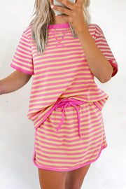 Pink and yellow striped cotton t-shirt and drawstring shorts set