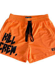 Orange mesh performance shorts with black graphic print and drawstring.