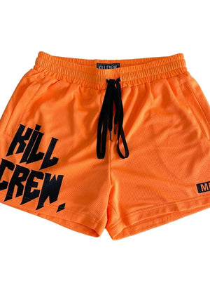 Orange mesh performance shorts with black graphic print and drawstring.