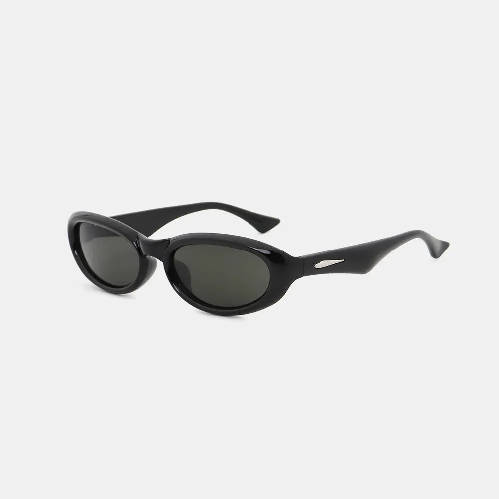 Black cat eye sunglasses with oval lenses and a sleek frame.