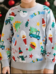 Gray crewneck sweatshirt with festive Christmas print featuring snowmen, Santa, dinosaurs, and trees.