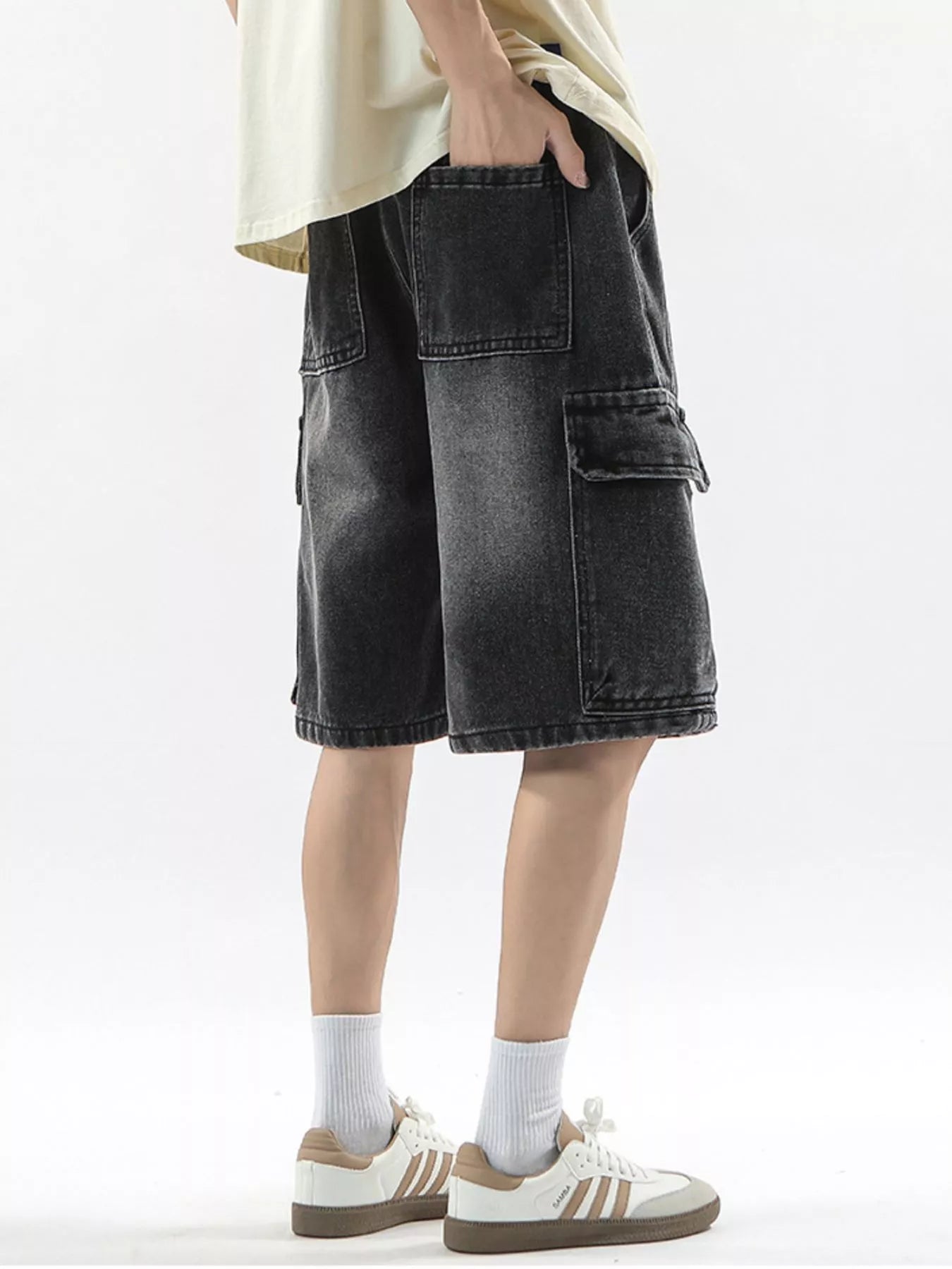 Men's Soot cargo shorts with drawstring waist and multiple pockets.