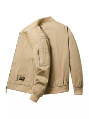 Khaki cotton bomber jacket with zip-up front, utility sleeve pocket and large front pocket.