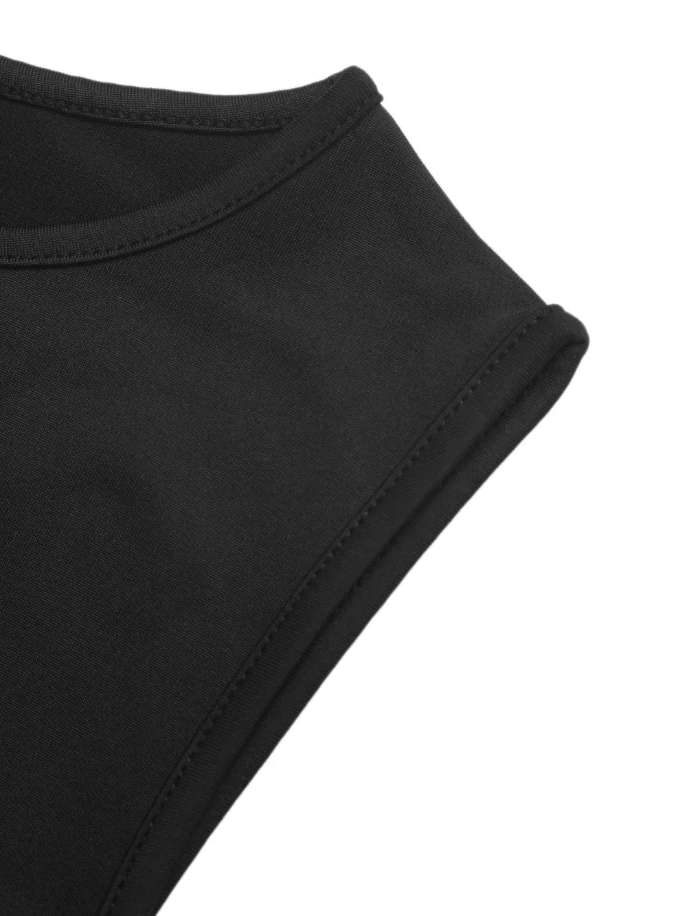 Black sheer bodysuit detail showing neckline and sleeve seam