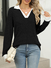 Black ribbed knit long sleeve t-shirt with white collar and cuffs, v-neck.