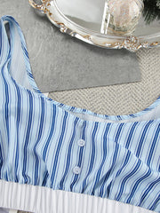 Blue striped cami pajama top with button detail and white pleated hem.