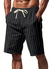 Black pinstripe chino shorts with drawstring waist and pockets.