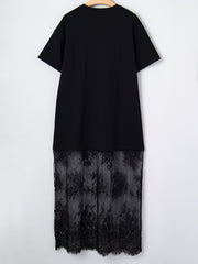 Black t-shirt maxi dress with floral lace hem