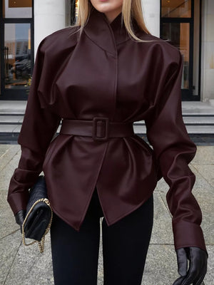 Stand Collar Belted Faux Leather Jacket in Wine Red, side view