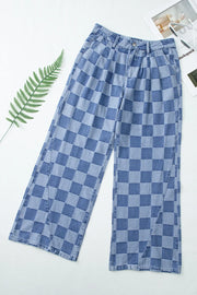 Checkerboard denim wide leg trousers in dusty blue with a relaxed fit.