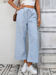 Light blue and white striped drawstring wide leg pants with pockets