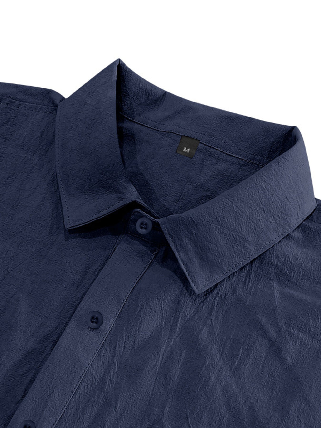 Navy blue short sleeve button-down shirt with textured fabric and collar detail
