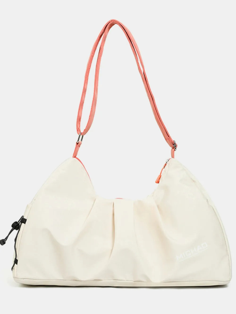 Gathered pleat crossbody bag in beige with pink straps and drawstring detail.