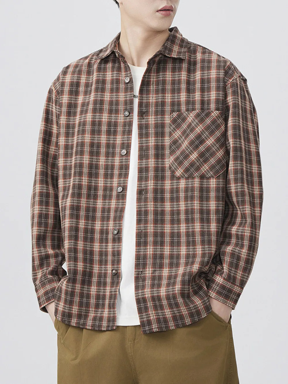 Brown plaid long sleeve button-down shirt with chest pocket