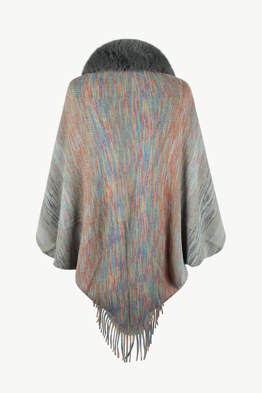 Textured knit cape with faux fur collar and fringe hem, featuring a multicolor stripe pattern.