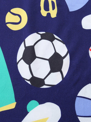 Navy blue baby tee and shorts set with a sporty print of soccer balls and tennis balls.