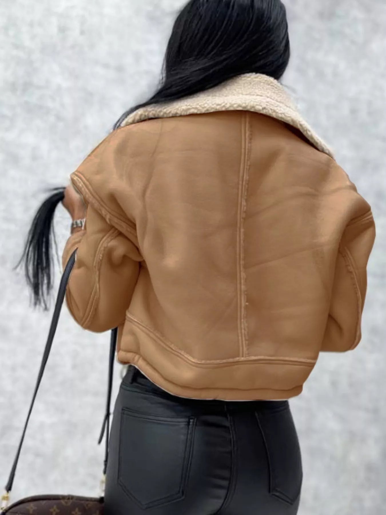 Cropped sherpa-trim jacket in khaki with faux suede finish and sherpa collar.