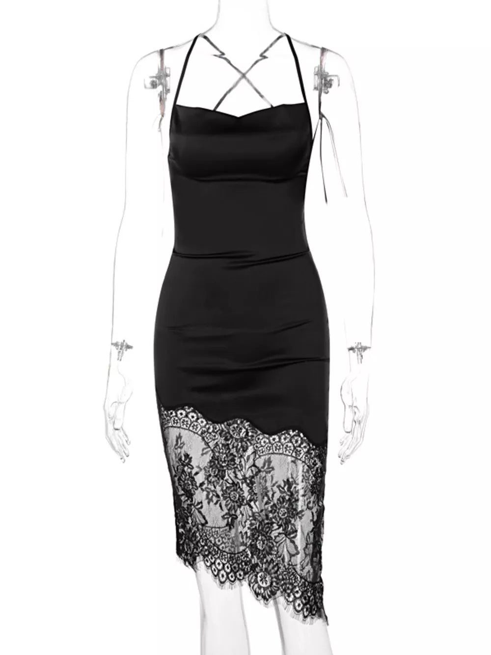 Black satin cowl neck dress with lace trim detail and crisscross straps.