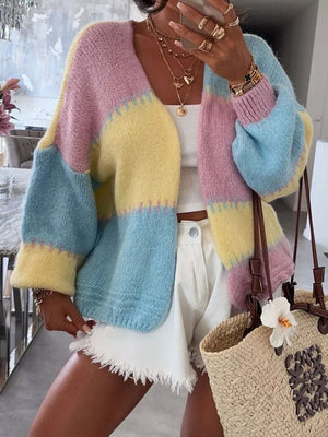 Pastel Harmony open front cardigan with balloon sleeves in pink, yellow, and blue colorblock.