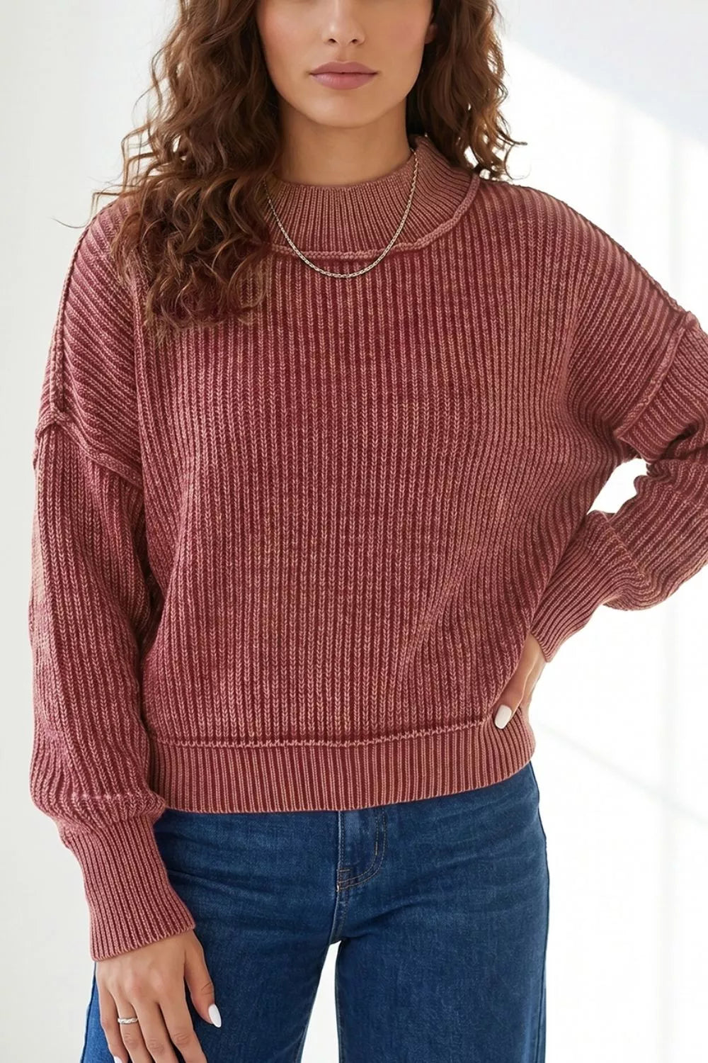 Drop Shoulder High Neck Ribbed Sweater in Burgundy, front view