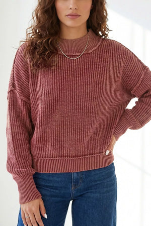 Drop Shoulder High Neck Ribbed Sweater in Burgundy, front view